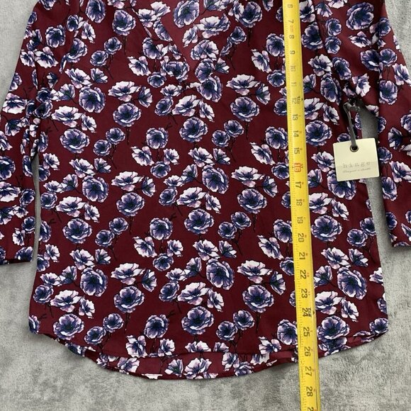 Hinge Shirt Women Size 1 Burgundy Top Floral Print Career Boho Basic Long Sleeve - Picture 2 of 9